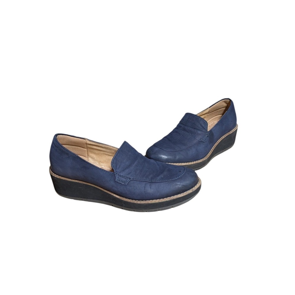 Comfortiva Navy Blue Leather Wedge Loafers Slip On Shoes Pillowtop Comfort 7.5